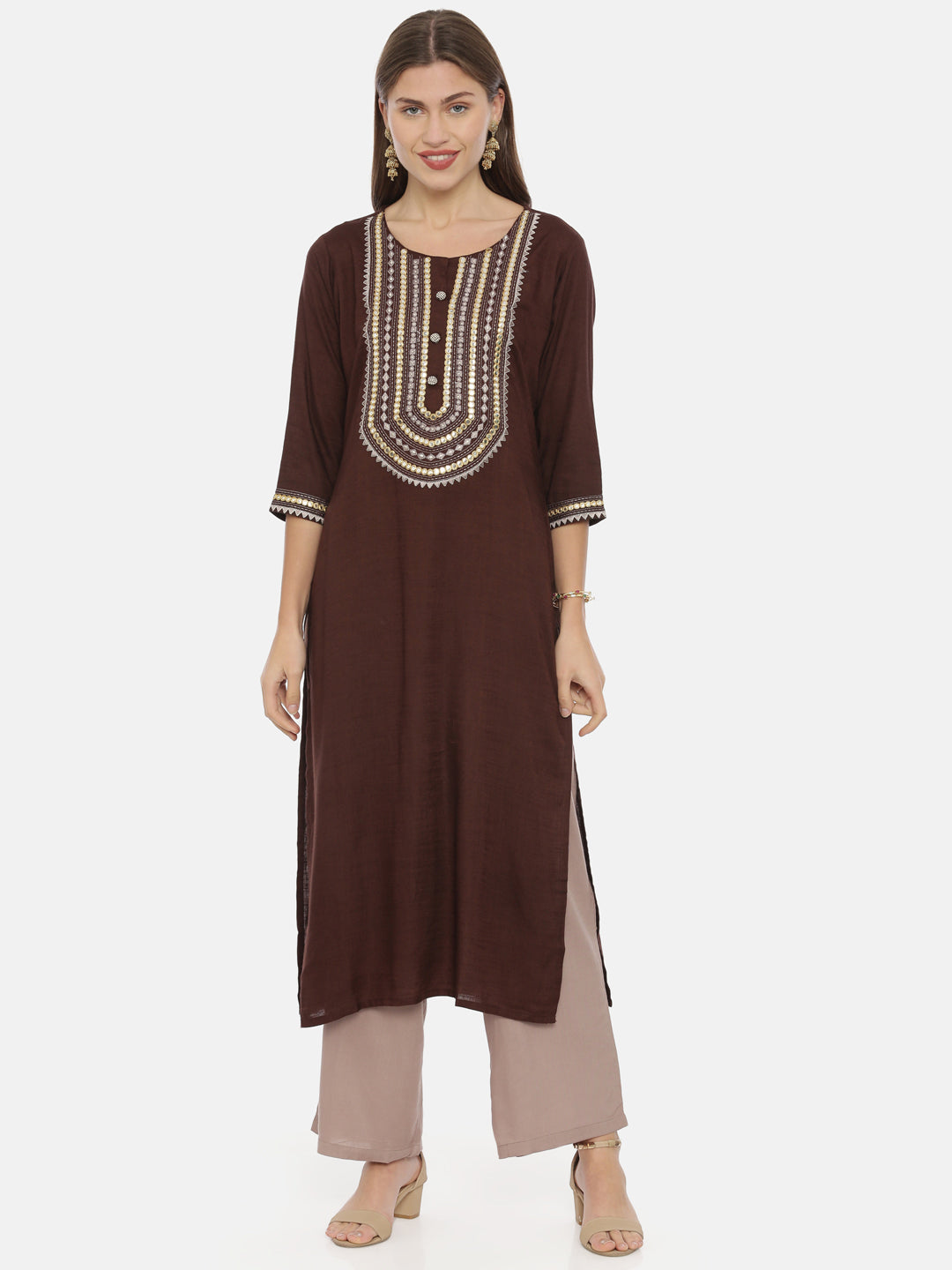 Buy NEERUS Embellished Rayon Round Neck Women's Kurta Pant Dupatta Set |  Shoppers Stop